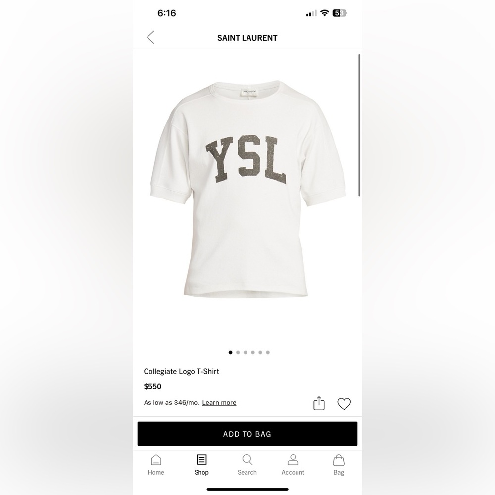 Saint Laurent broad neck style male t-shirt. Size L (fits like a USsmall/medium)
